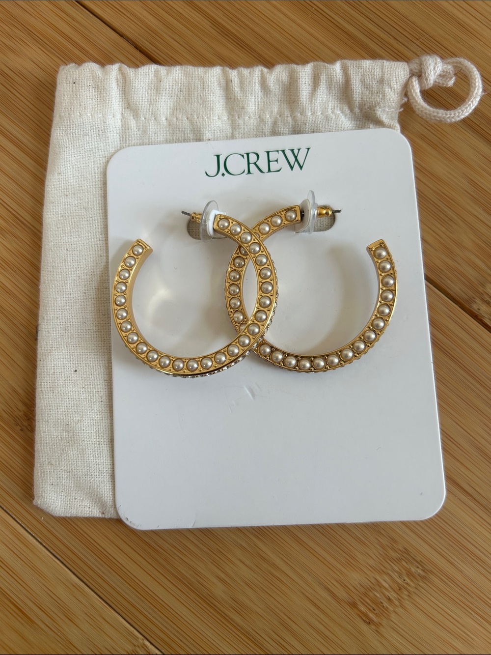 J. Crew Gold-Tone Hoop Earrings with Pearl and Crystal Diamond Accents